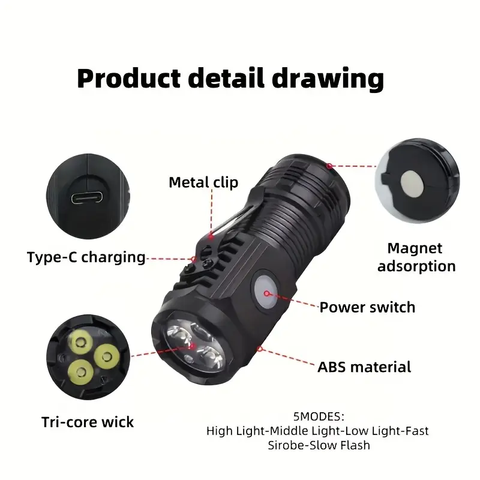 Linterna LED Mini Recargable por USB, 1pc, 5 Modos, Brillo de 3 LED, Portátil