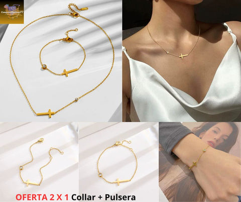 GildLoop™ | Collar Gargantilla + Pulsera Con Cruz Oro Laminado 18K De Acero Inoxidable Chapada En Oro De 18K Para Mujer Con Cruz Pequeña 🛒🔥🎁 |Envío GRATIS - 40% DE DESCUENTO|